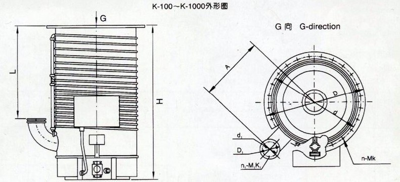 K型擴(kuò)散泵的安裝尺寸圖